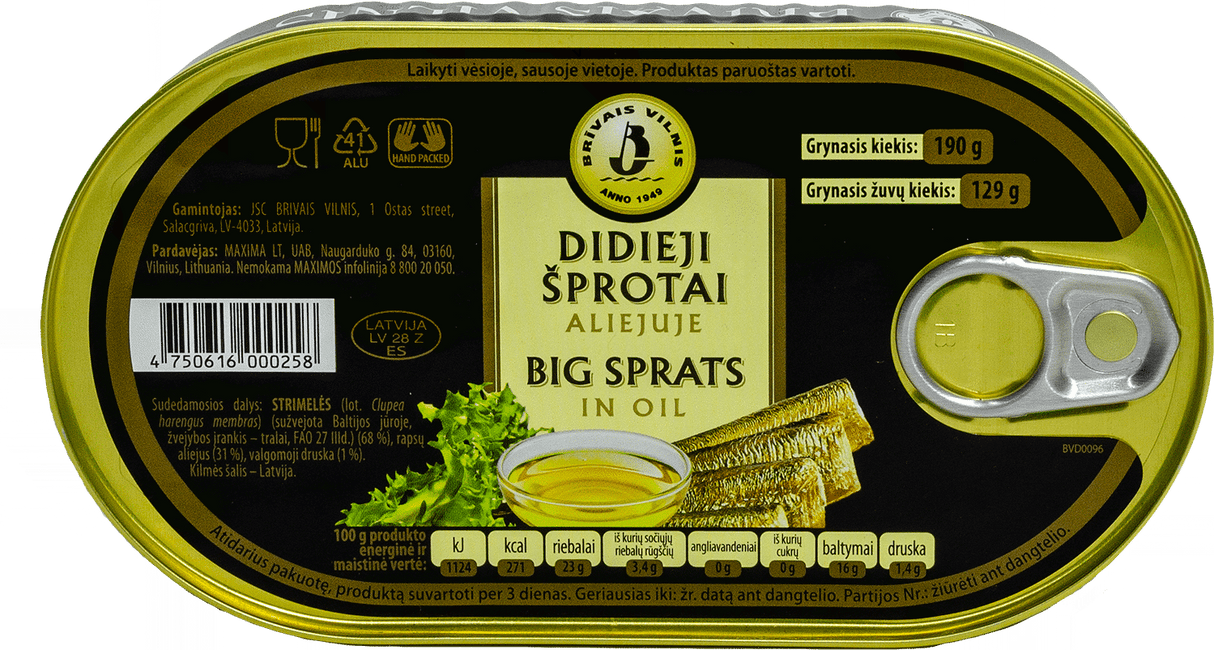 Brivais Vilnis Canned Smoked Big Sprats in Oil 190g