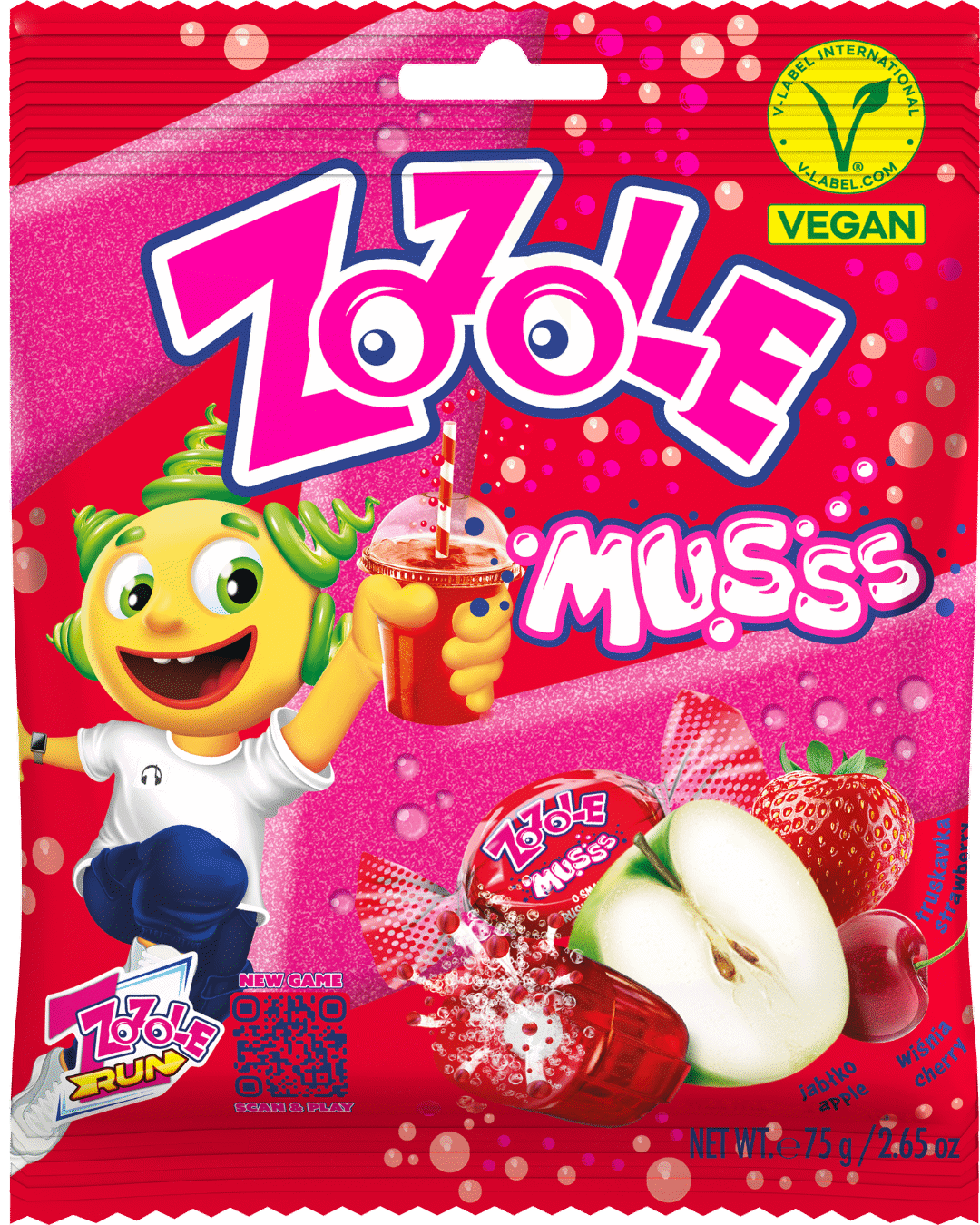 ZOZOLE STRAWBERRY CHERRY APPLE Flavor Candies with Fizzy Powder Filling 75g