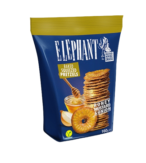 ELEPHANT Baked Squeezed Pretzels Honey, Mustard & Onion Flavor Snacks 70g 2.46oz