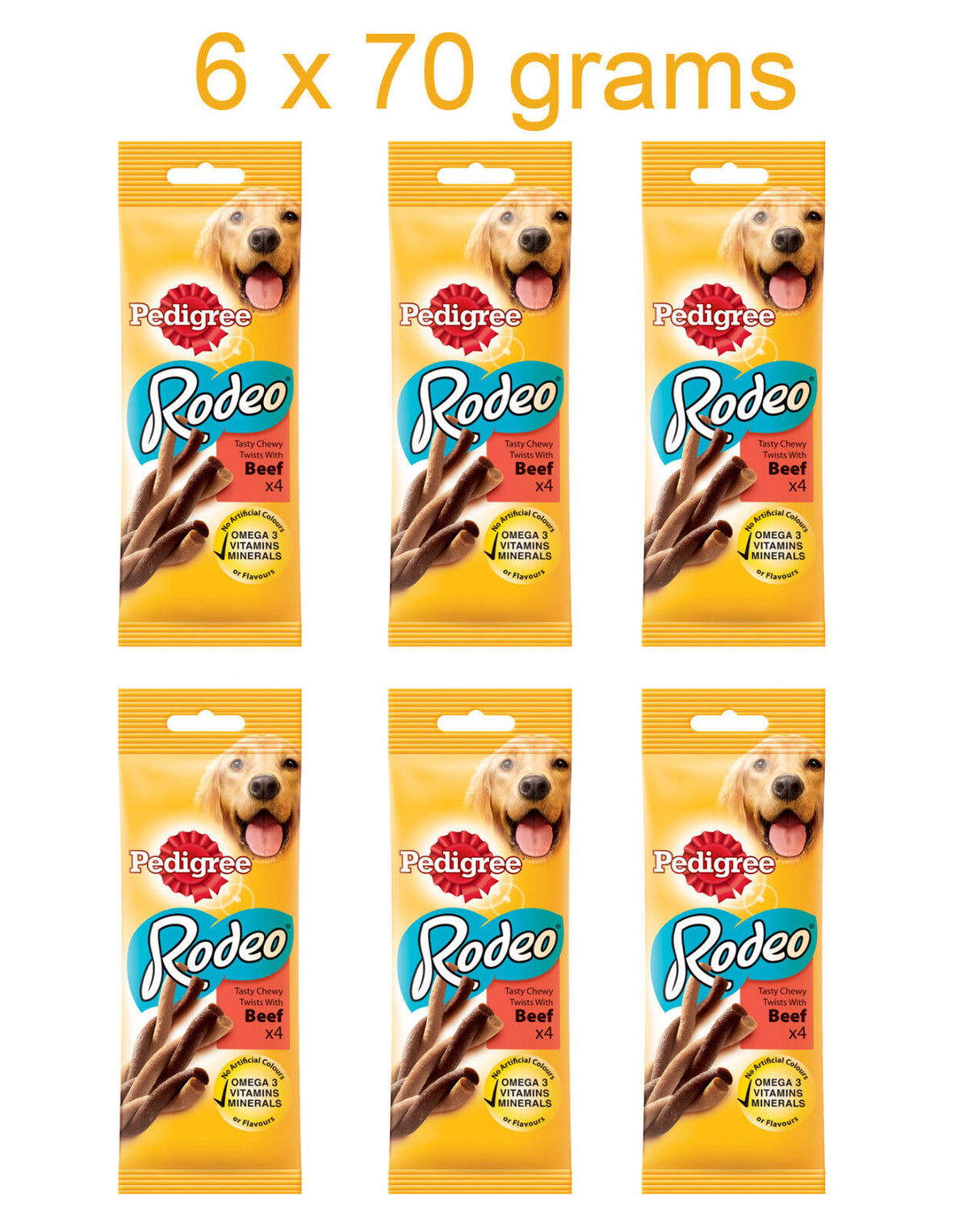 6 PEDIGREE RODEO BEEF Dog Treats Packs with Omega3 Vitamins & Minerals 70g 2.5oz