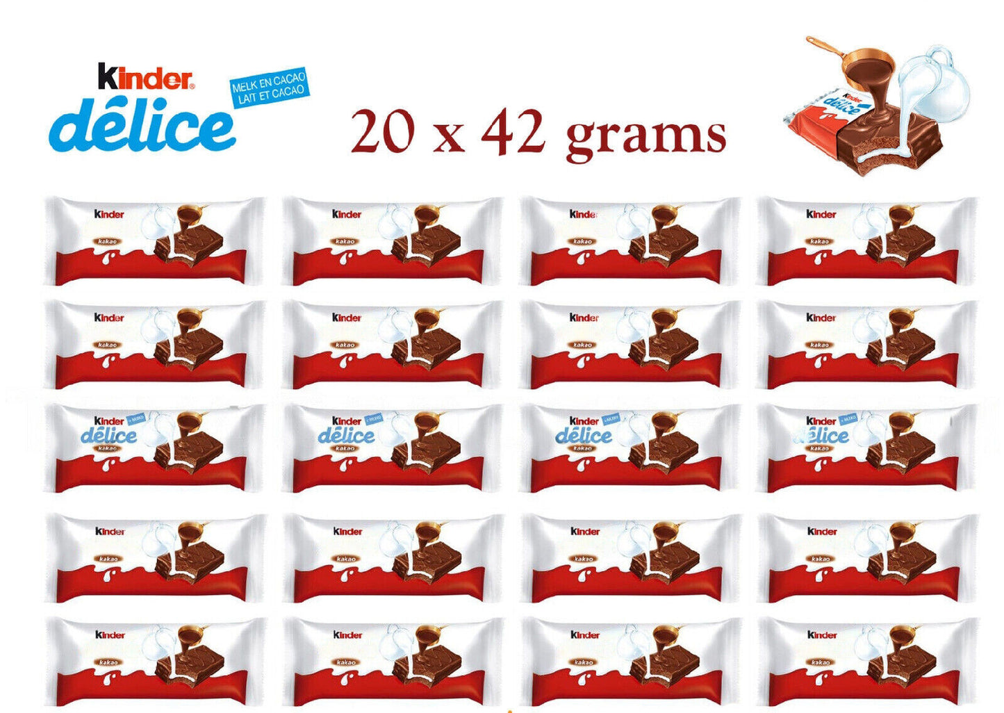 20 x KINDER DELICE Soft Chocolate Bars with Cocoa and Milk Filling 39g 1.4oz