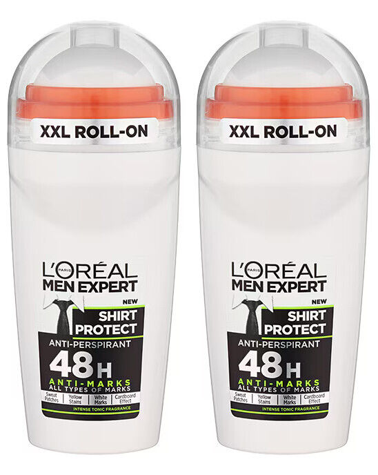 2 LOREAL MEN EXPERT SHIRT PROTECT XXL Roll On 48h Antiperspirant Bottles 50ml