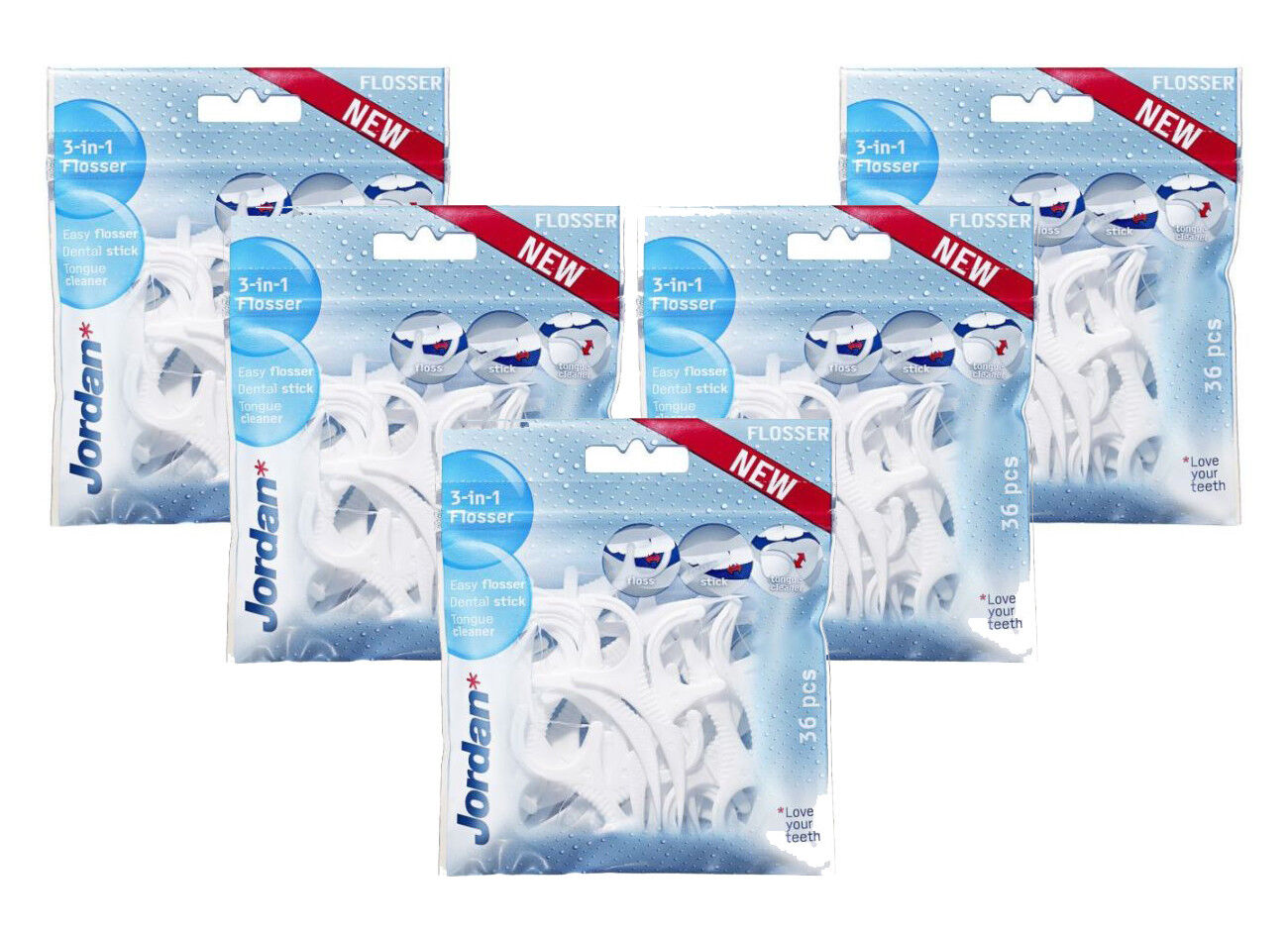 5 x Jordan Easy Flosser 3in1 Tooth Floss Dental Sticks Tongue Cleanser 36 pcs