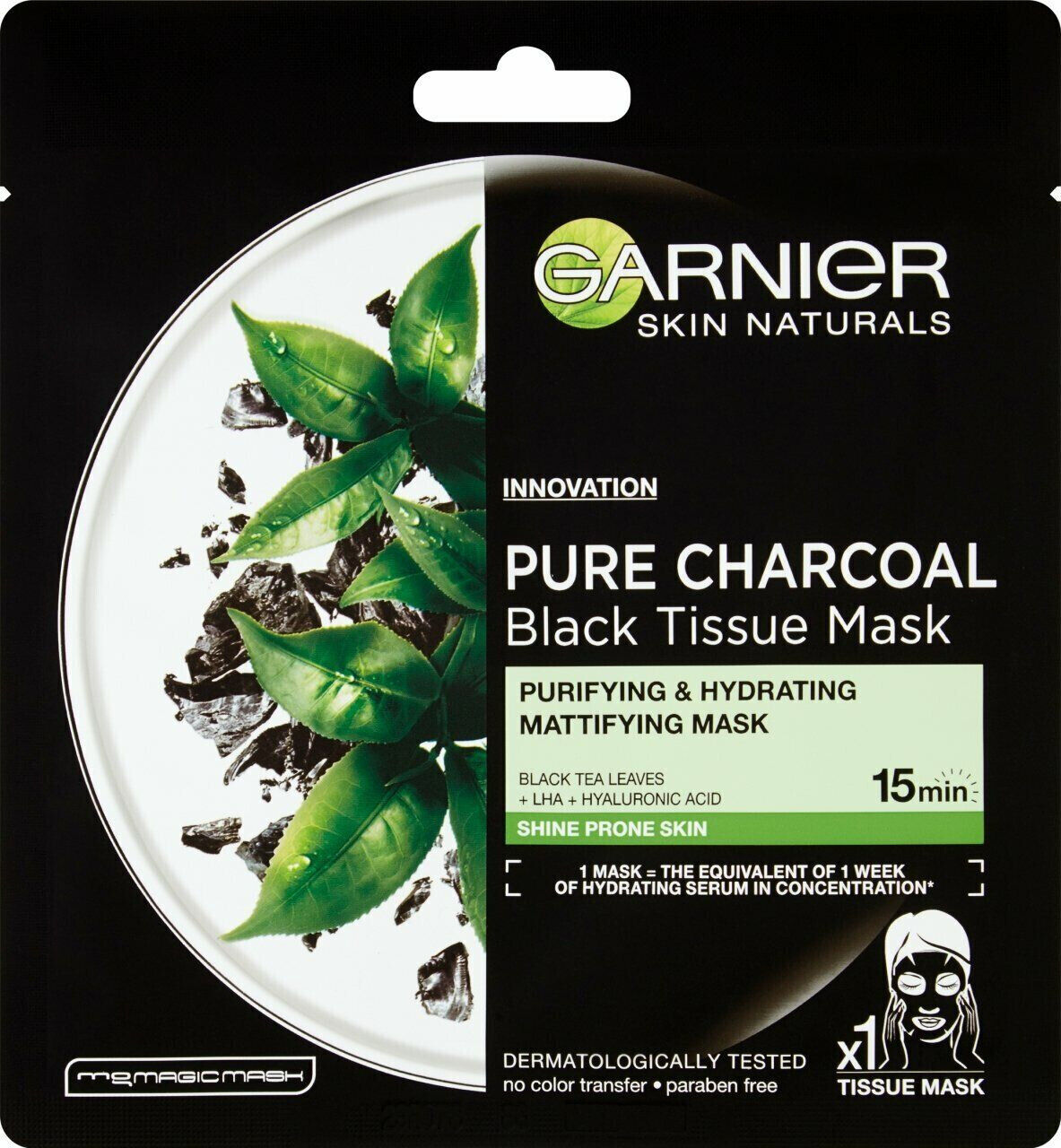 GARNIER Pure Charcoal and Black Tea Hydrating Face Tissue Mask 28g 1oz