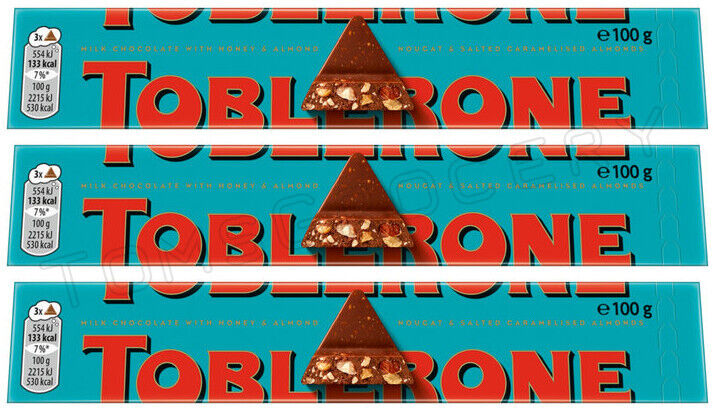 3 TOBLERONE CRUNCHY ALMONDS Swiss Chocolate Bars European Sweets 100g 3.5oz
