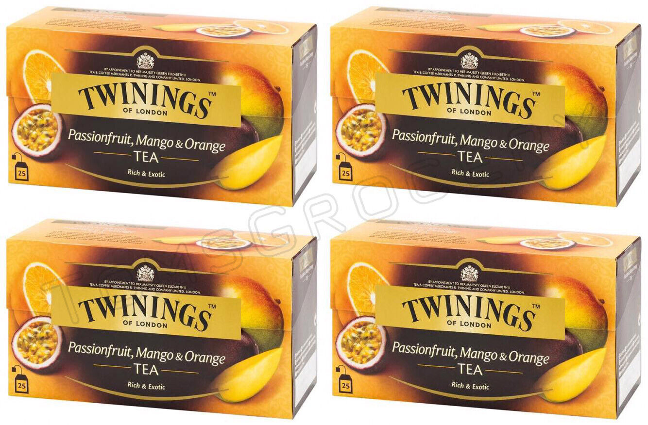 4 TWININGS Passionfruit Mango & Orange Flavored Black Tea 25 Envelopes Box