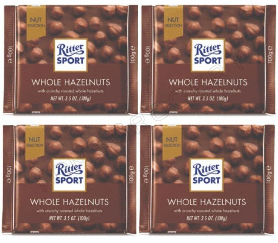 4 x RITTER SPORT Whole Hazelnuts German Milk Chocolate Bars Sweets 100g 3.5oz