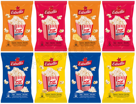 8 x ESTRELLA POP CORN PARTY FLAVORS MIX Snacks Microwave Ready Bags 90g 3.18oz