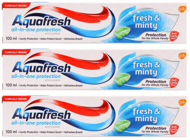 3 AQUAFRESH FRESH & MINTY All in One Protection Family Toothpaste 100ml