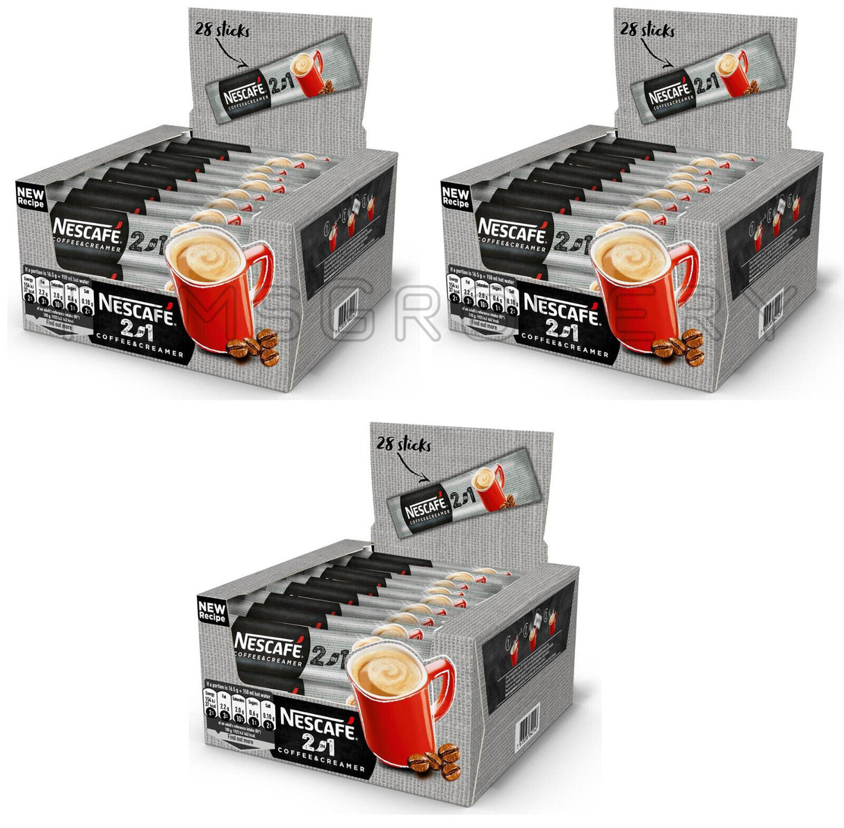 3 NESCAFE 2in1 Unsweetened Instant Coffee 28 Stick Boxes 224g 7.9oz