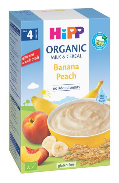 5 HIPP ORGANIC Milk Cereal with Banana & Peach from 4 Months Gluten Free 250g