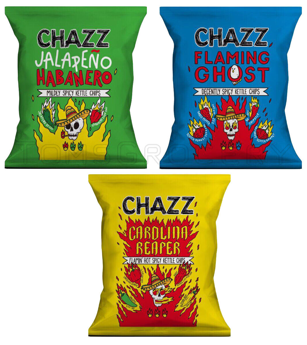 CHAZZ JALAPENO HABANERO CAROLINA REAPER FLAMING GHOST Spicy Potato Chips Bundle