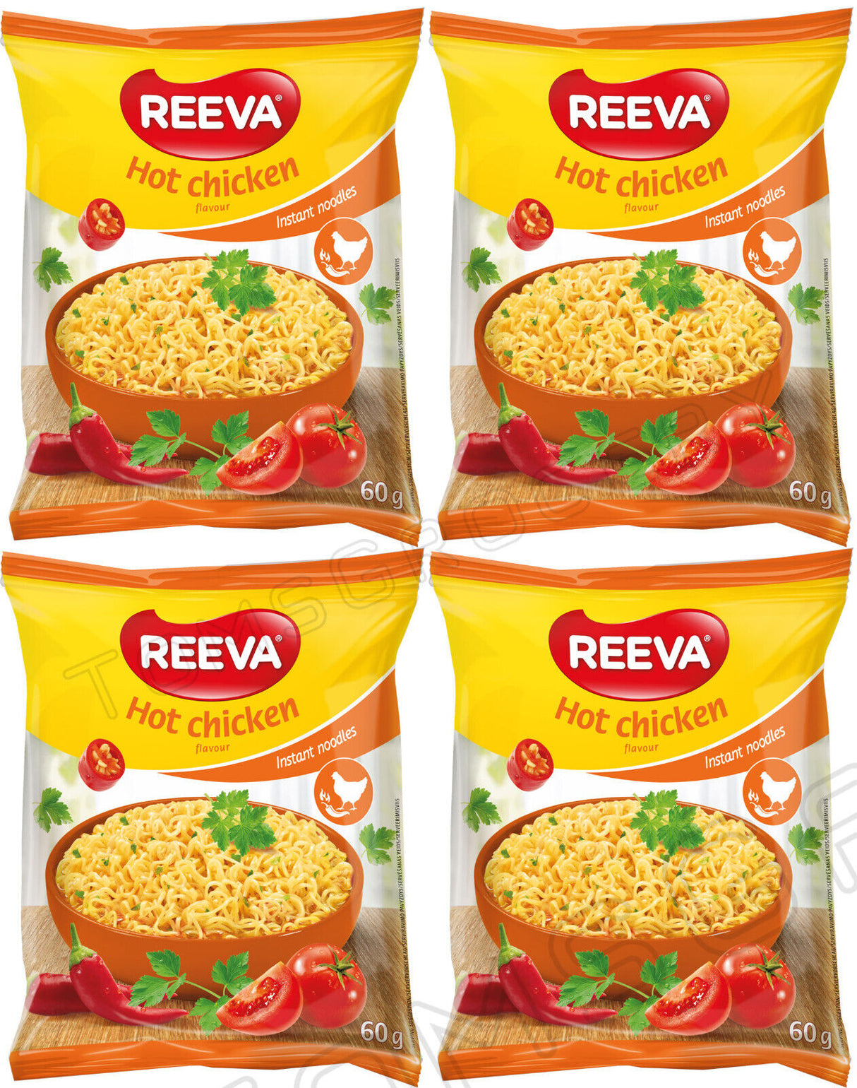 4 REEVA HOT CHICKEN Flavor Instant Ramen Noodle Soup Snacks (Rollton) 60g 2.2oz