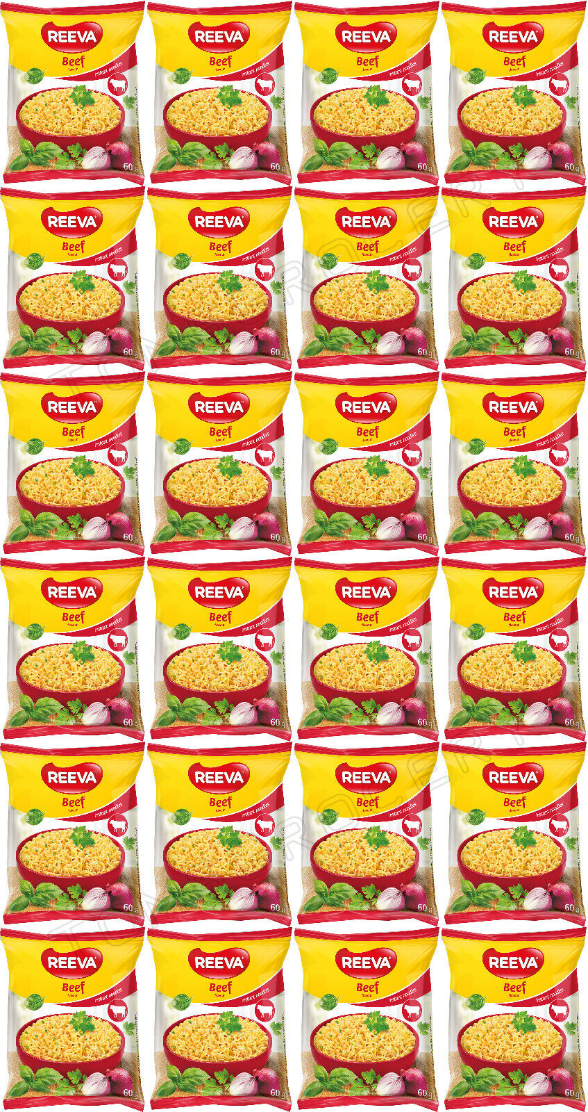 24 REEVA BEEF Flavor Instant Ramen Noodle Soup Snacks (Rollton) 60g 2.2oz