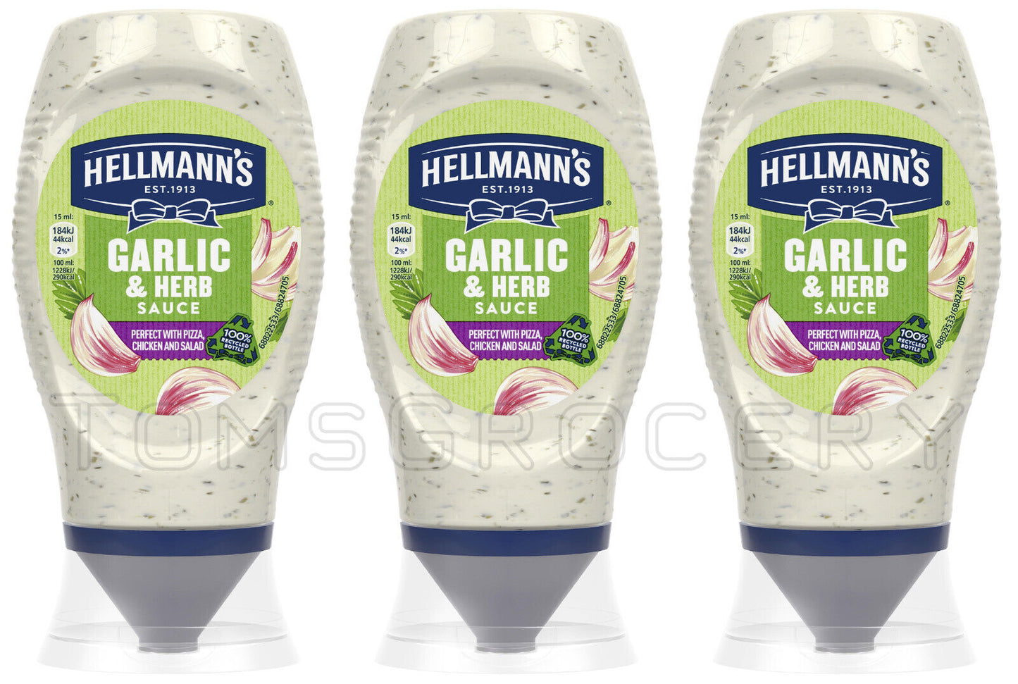 3 HELLMANNS GARILC & HERB Sauce Bottles 250ml 8.45oz