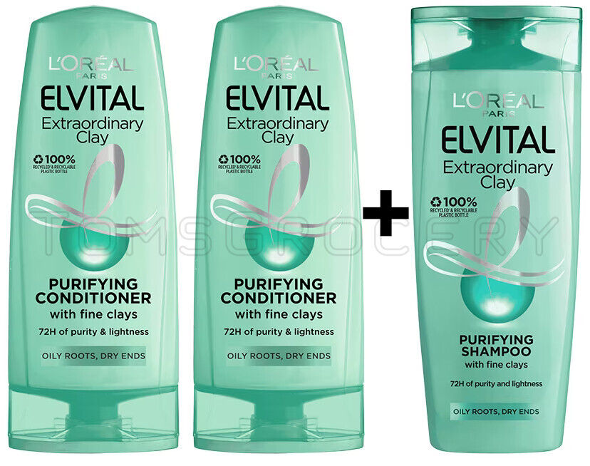 L'OREAL Elvital Extraordinary Clay Purifying Shampoo & Conditioner Set 3x250ml