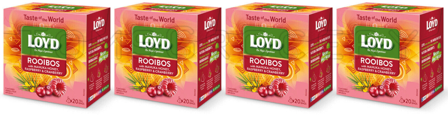 4 LOYD Rooibos Manuka Honey Raspberry & Cranberry Herbal Fruit Tea Infusion Box