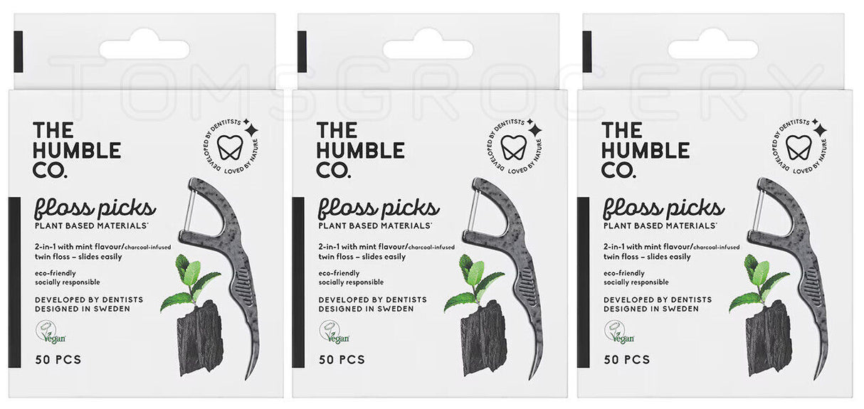3 HUMBLE Mint Charcoal Floss Picks Toothpicks Dental Floss 50pcs per pack