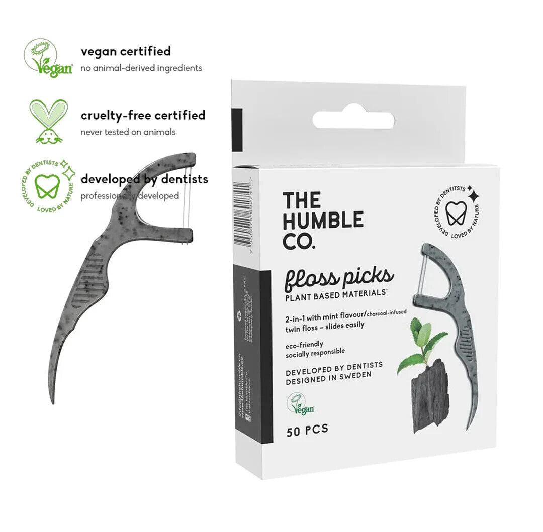3 HUMBLE Mint Charcoal Floss Picks Toothpicks Dental Floss 50pcs per pack