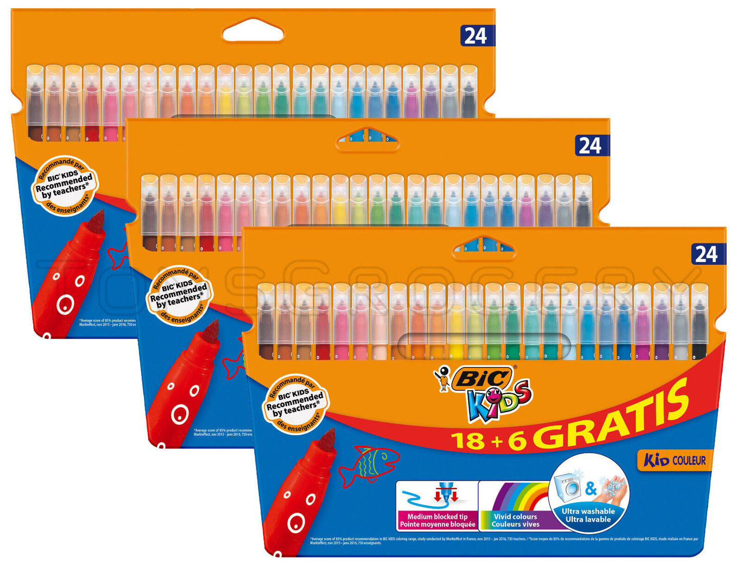 3 PACKS BIC Kids 24 Ultra Washable Vivid Colors Coloring Felt Pens Kid Couleur