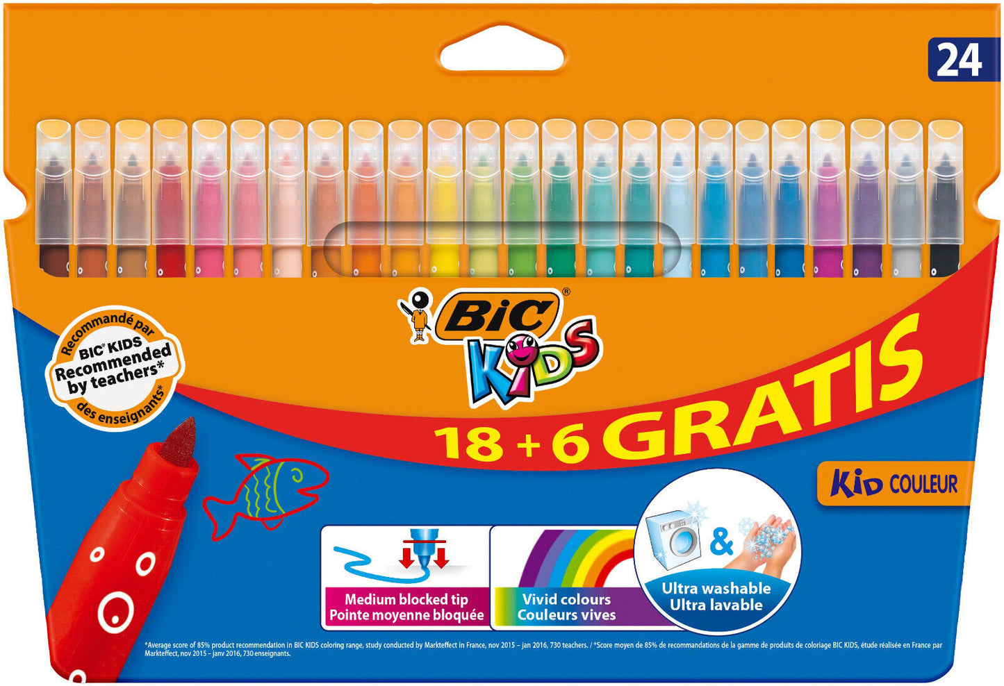 3 PACKS BIC Kids 24 Ultra Washable Vivid Colors Coloring Felt Pens Kid Couleur