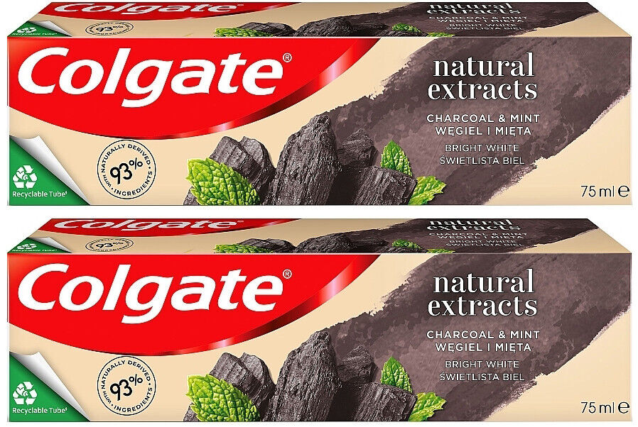 2 COLGATE NATURAL EXTRACTS CHARCOAL & MINT Daily Whitening Toothpaste Tubes 75ml