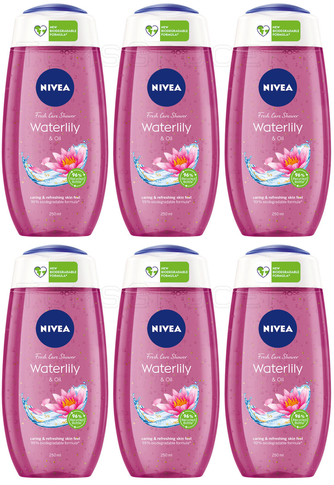 6 NIVEA Waterlily & Oil Caring & Refreshing Shower Gel Bottles 250ml 8.45 fl. oz