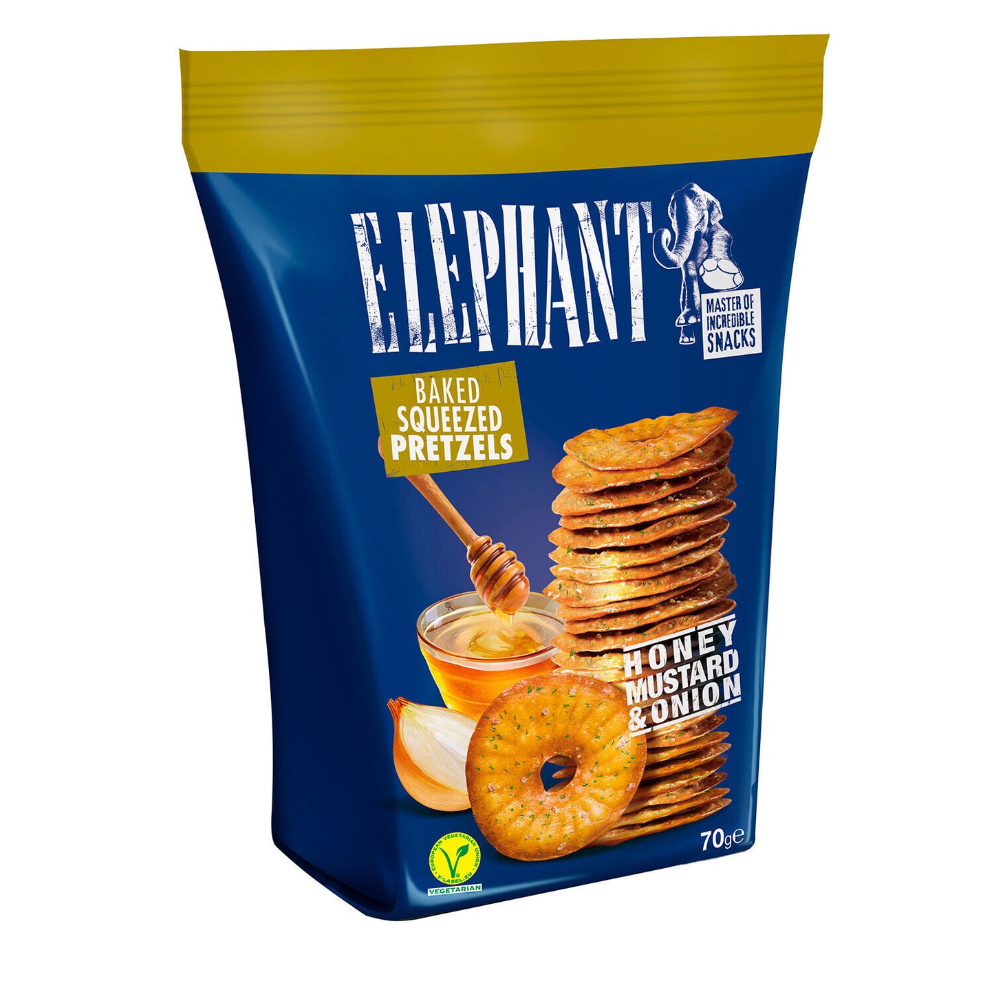 4 ELEPHANT Baked Squeezed Pretzels Honey Mustard Onion Flavor Snacks 70g 2.5oz