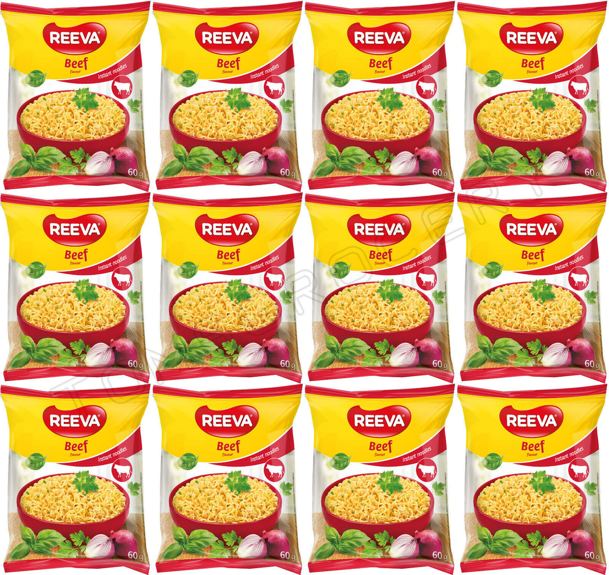 12 REEVA BEEF Flavor Instant Ramen Noodle Packs Snacks (Rollton) 60g 2.2oz