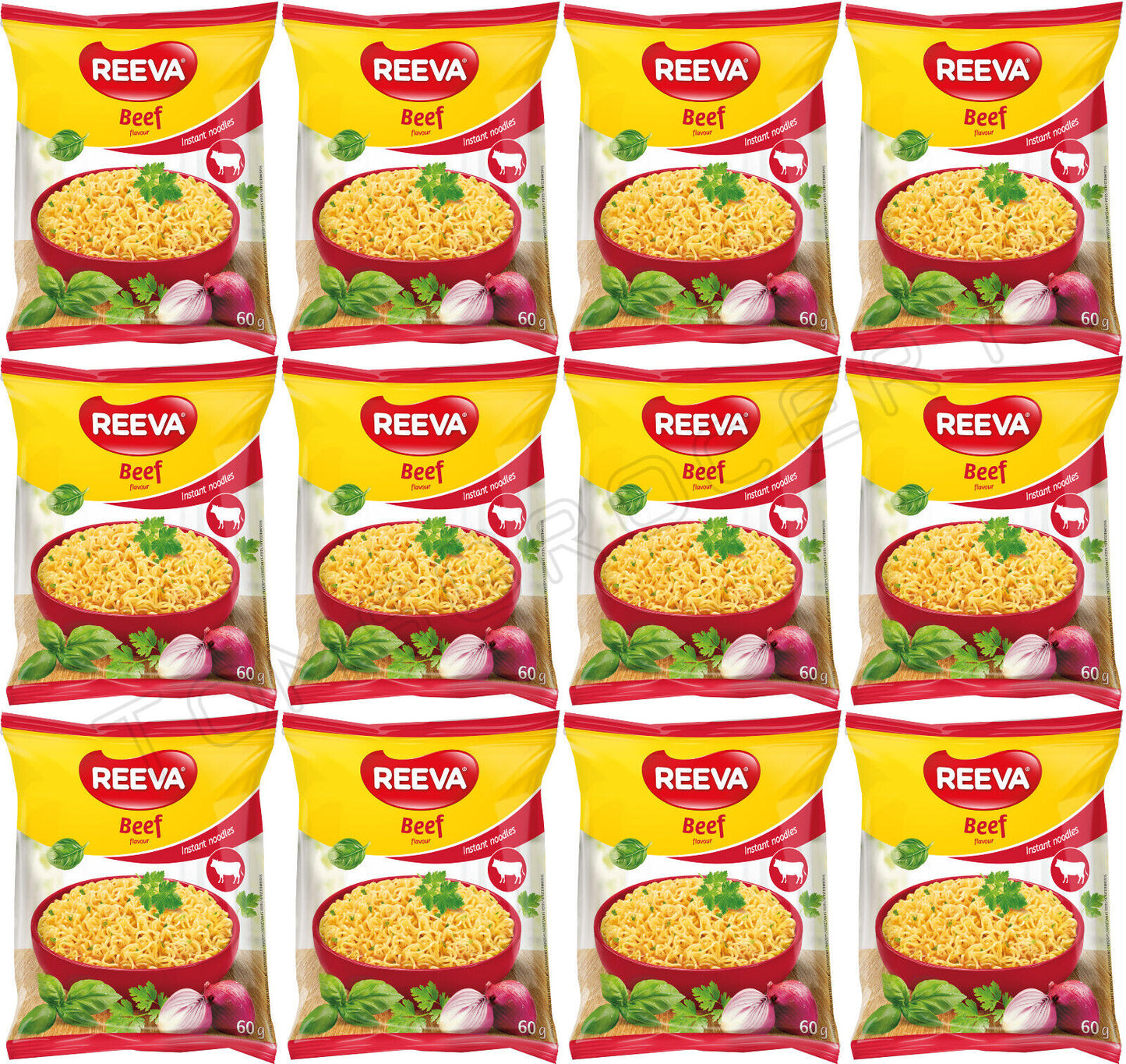 12 REEVA BEEF Flavor Instant Ramen Noodle Packs Snacks (Rollton) 60g 2.2oz