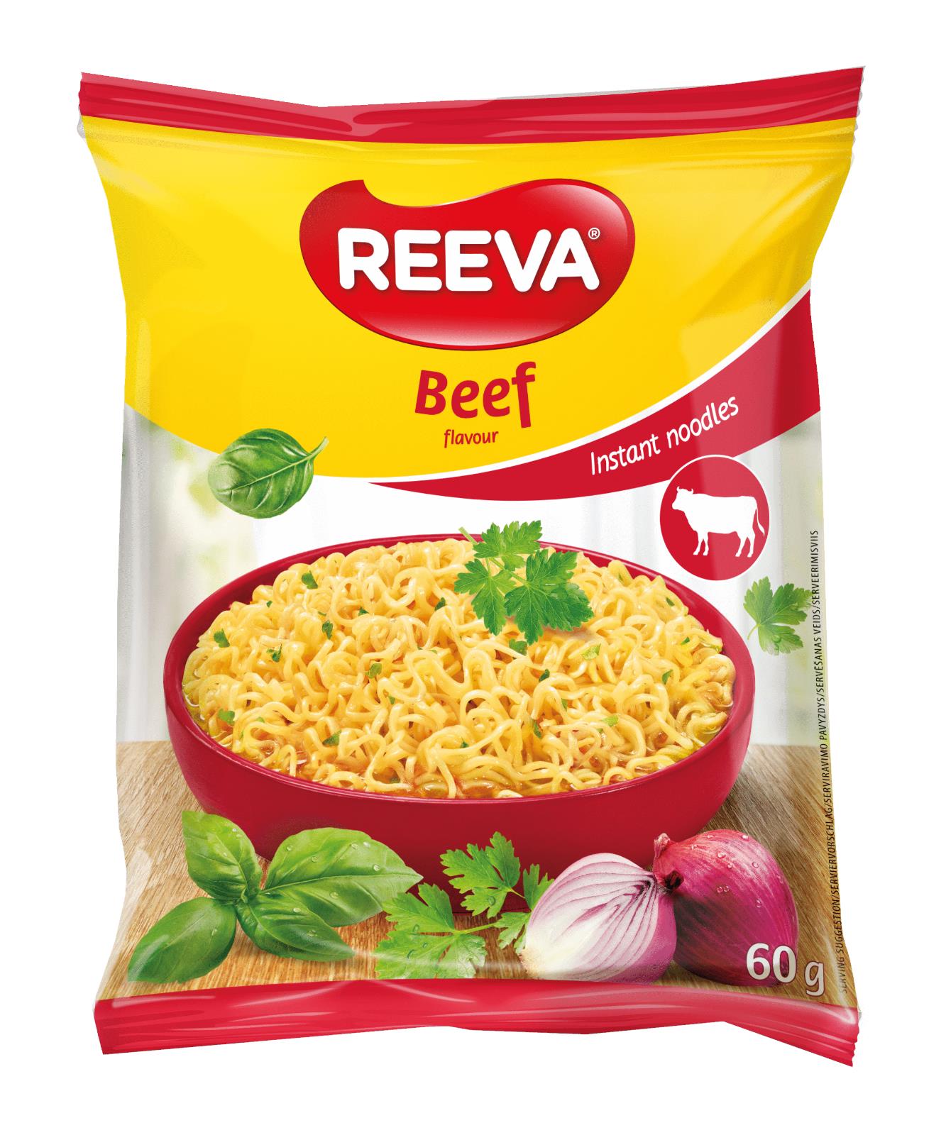 12 REEVA BEEF Flavor Instant Ramen Noodle Packs Snacks (Rollton) 60g 2.2oz
