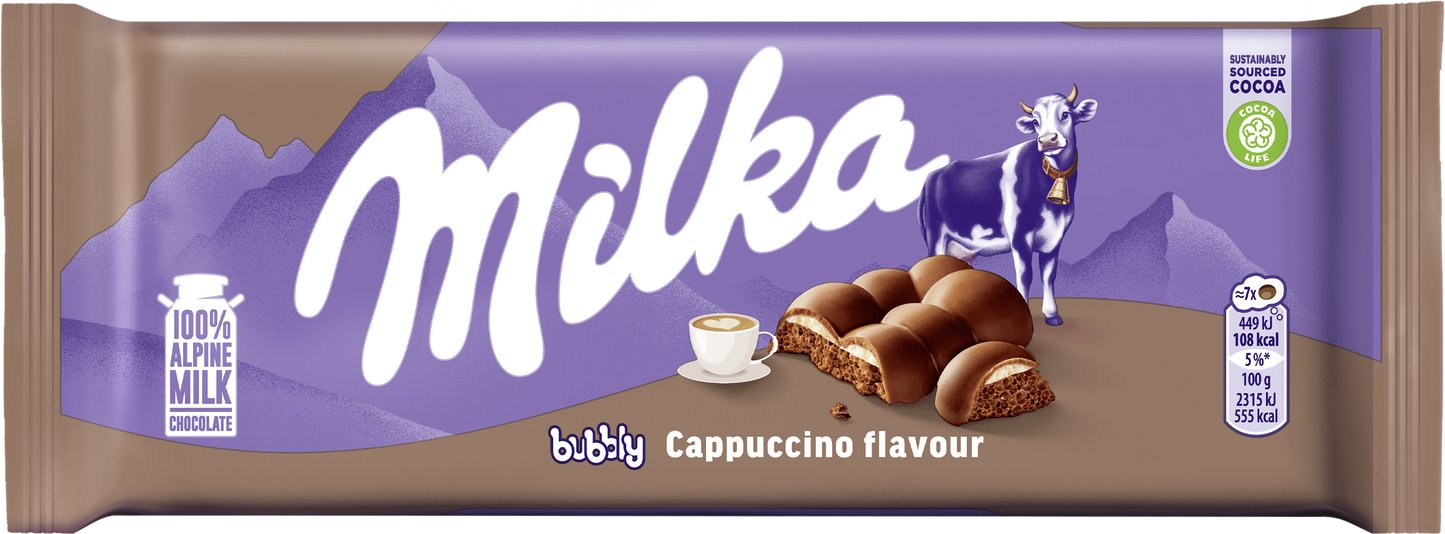 MILKA BUBBLY CAPPUCCINO Alpine Milk Chocolate Bar 97g 3.42oz