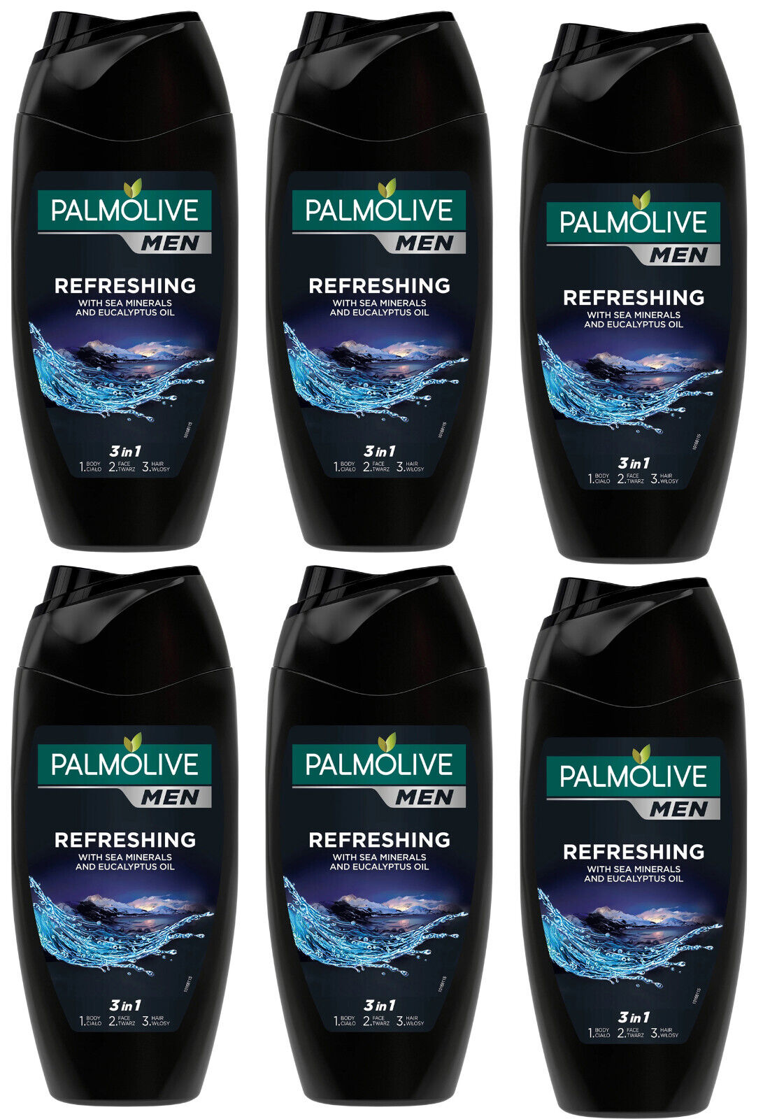 6 PALMOLIVE MEN REFRESHING 3in1 Shampoo Shower Gel Eucalyptus Oil Sea Salt 250ml