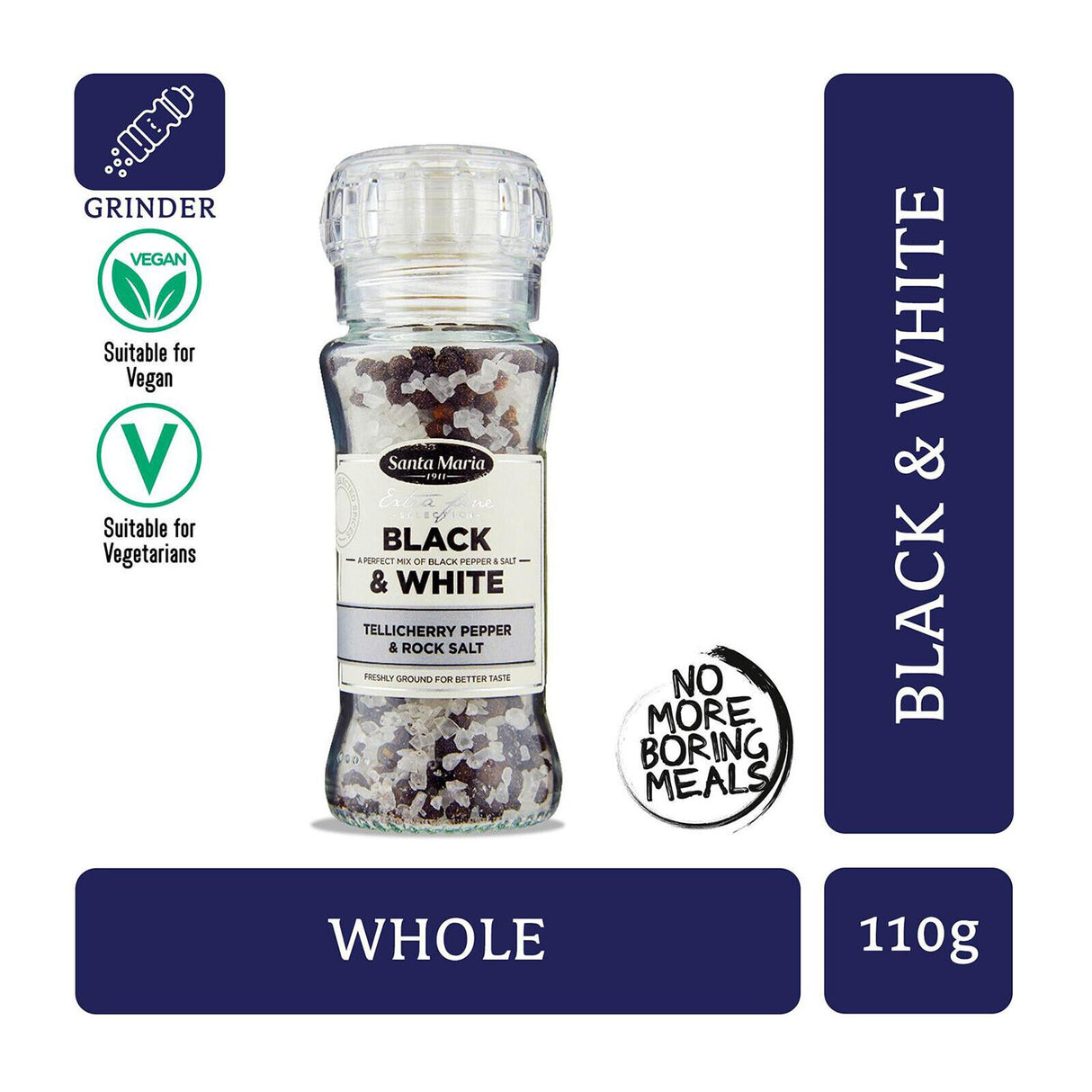 SANTA MARIA BLACK & WHITE Pure Rock Salt & Tellicherry Pepper Spice Grinder 110g