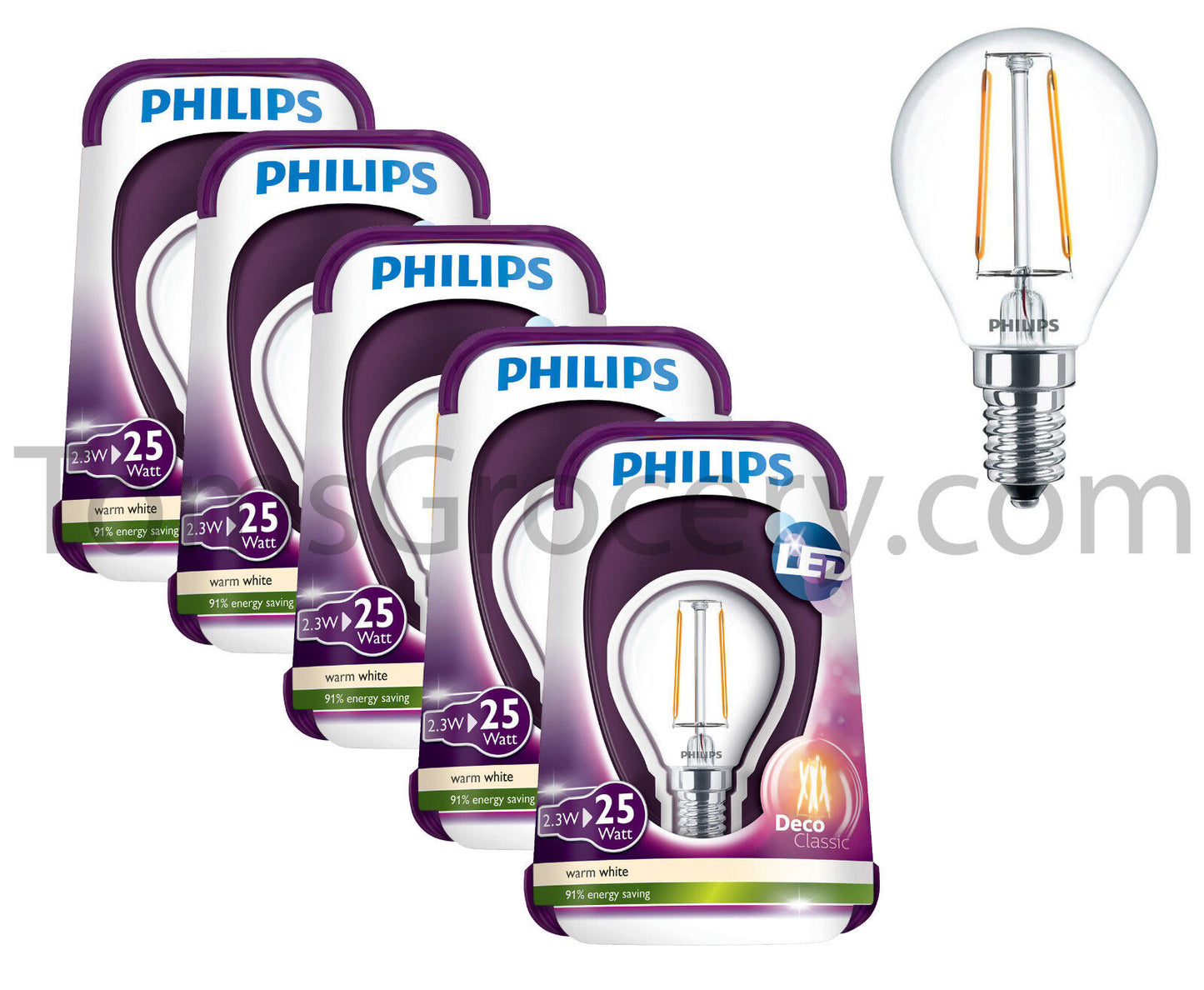 5 x Philips LED Deco Classic 2.5W (25W) E14 Vintage Luster Bulb Warm White P45