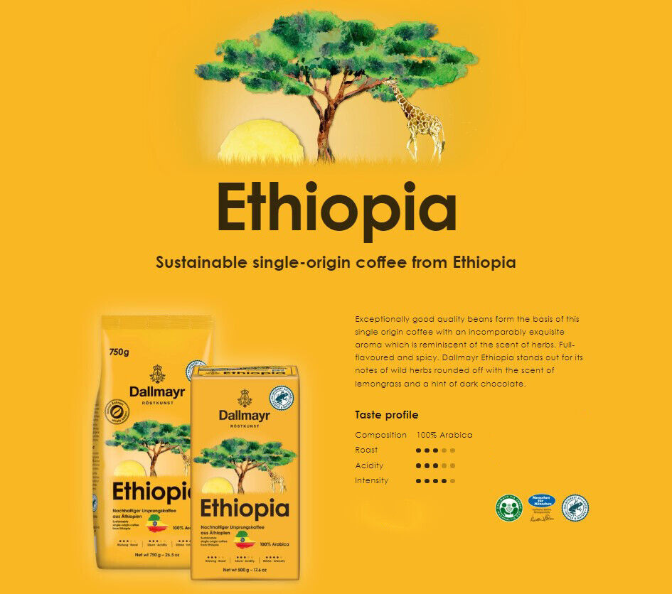 3 DALLMAYR Ethiopia Gourmet Ground Coffee 100% Arabica 500g 17.6oz