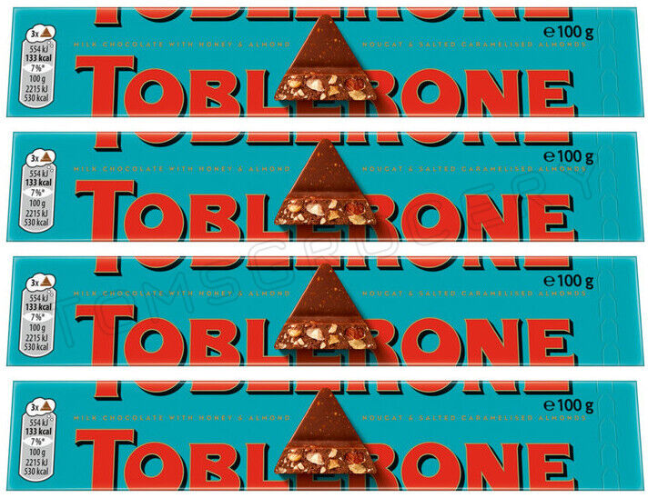 4 TOBLERONE CRUNCHY ALMONDS Swiss Chocolate Bars European Sweets 100g 3.5oz