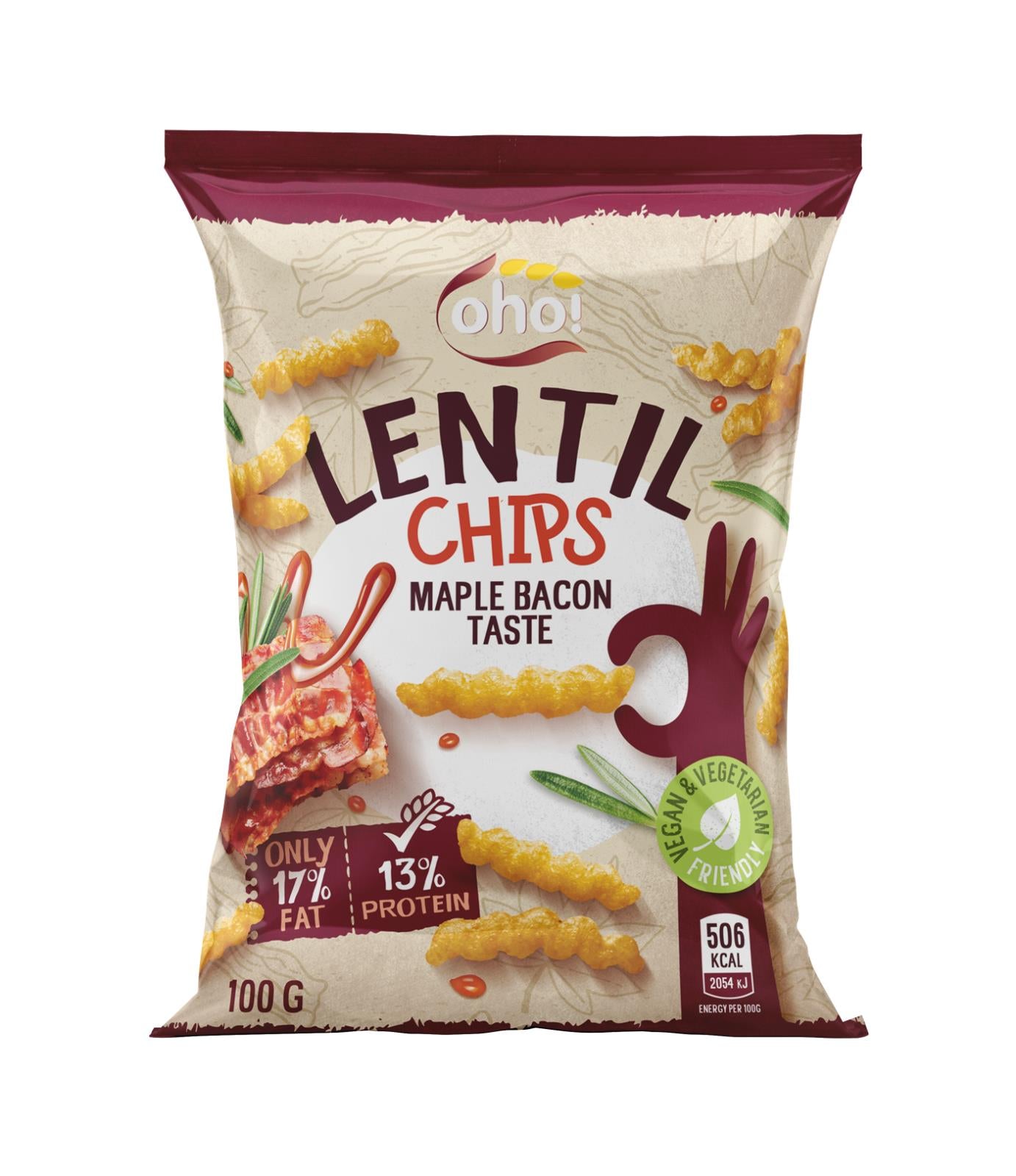 OHO Lentil Chips Maple Bacon Flavor Snacks Vegan Friendly Low Fat 100g 3.5oz