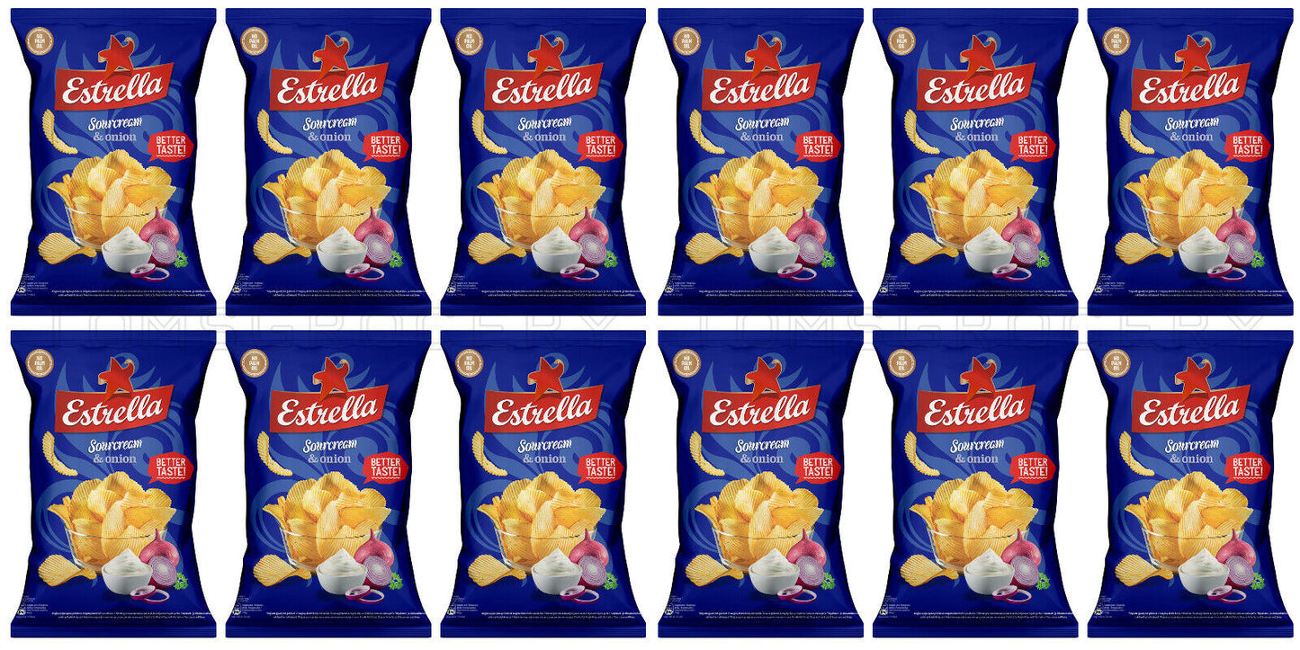 12 ESTRELLA SOUR CREAM & ONION Flavor Potato Chips Bags European Snacks 130g