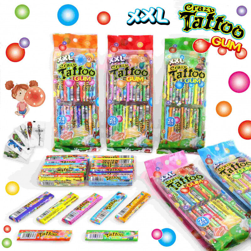 XXL CRAZY TATTOO BUBBLE GUM Party Sweets with Stickers (24pcs pack)