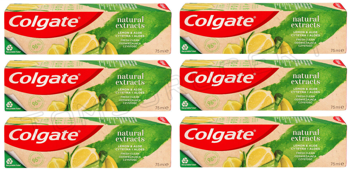 6 COLGATE NATURAL EXTRACTS Lemon & Aloe Fresh Clean Daily Toothpaste Tubes 75ml