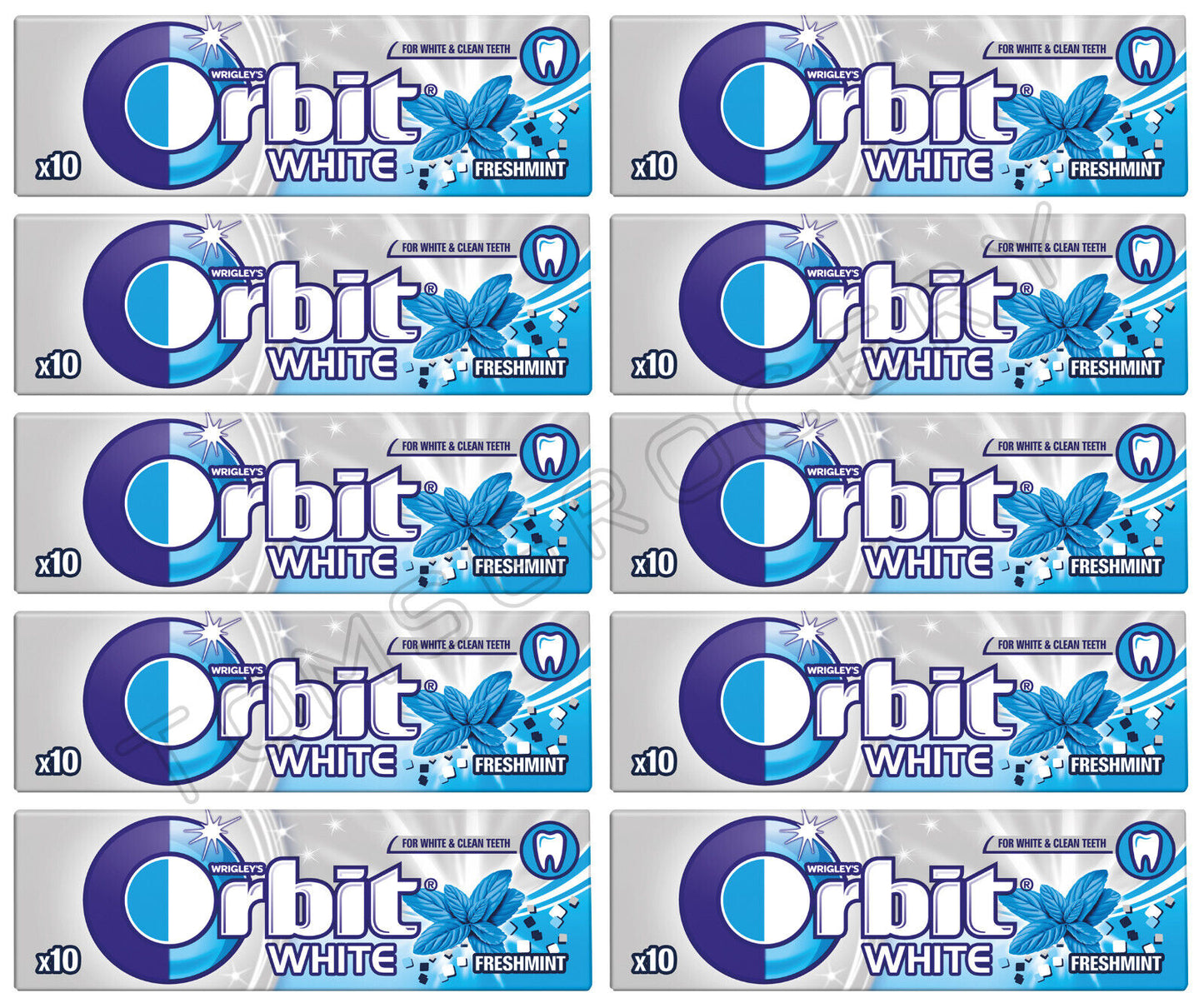 10 x WRIGLEY'S ORBIT WHITE FRESHMINT Flavor Sugarfree Chewing Gum 14g 0.49oz