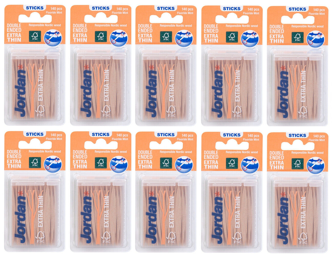 10 x JORDAN Extra Thin Fluoride Mint Double Ended Wooden Dental Toothpicks