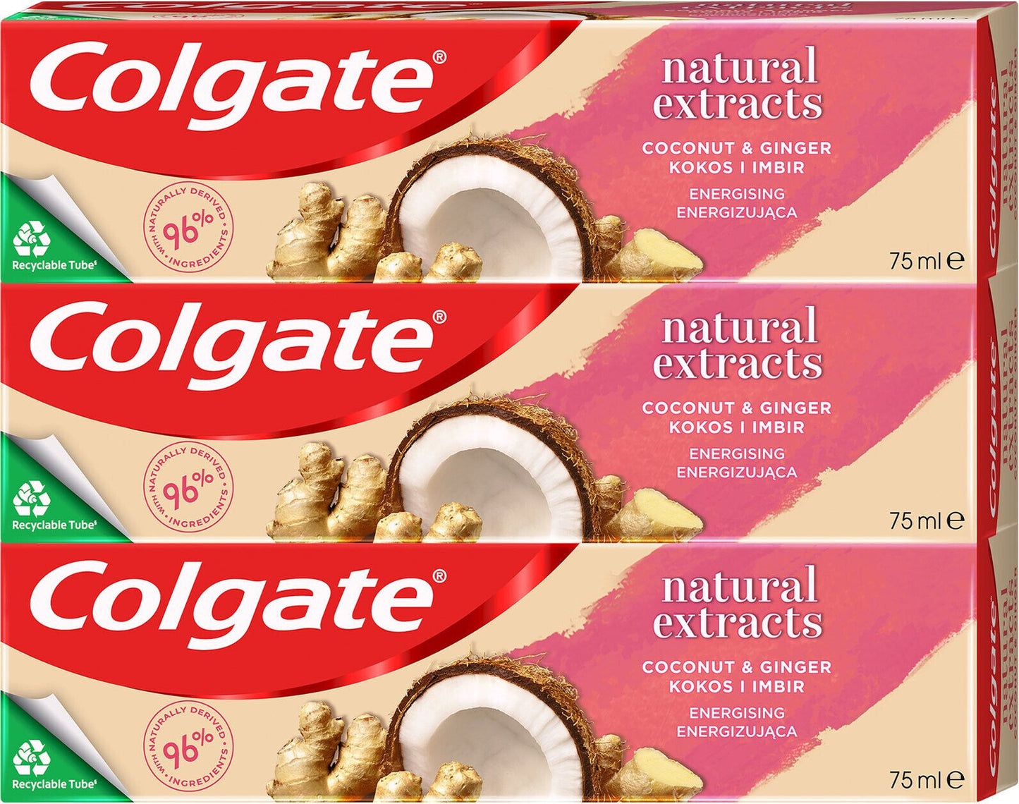 3 x COLGATE NATURAL EXTRACTS Coconut & Ginger DETOX Clean Daily Toothpaste 75ml