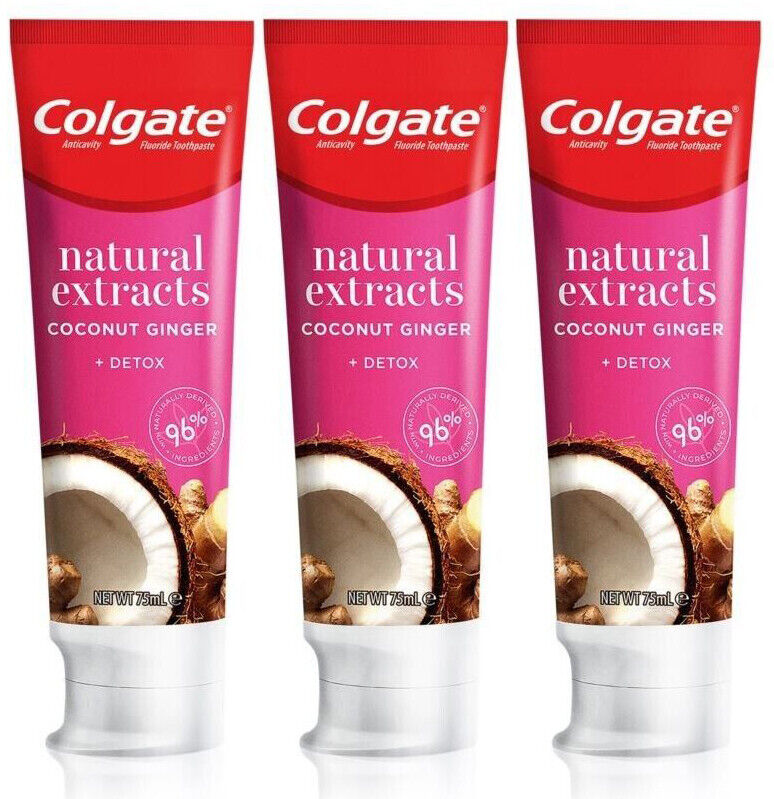 3 x COLGATE NATURAL EXTRACTS Coconut & Ginger DETOX Clean Daily Toothpaste 75ml