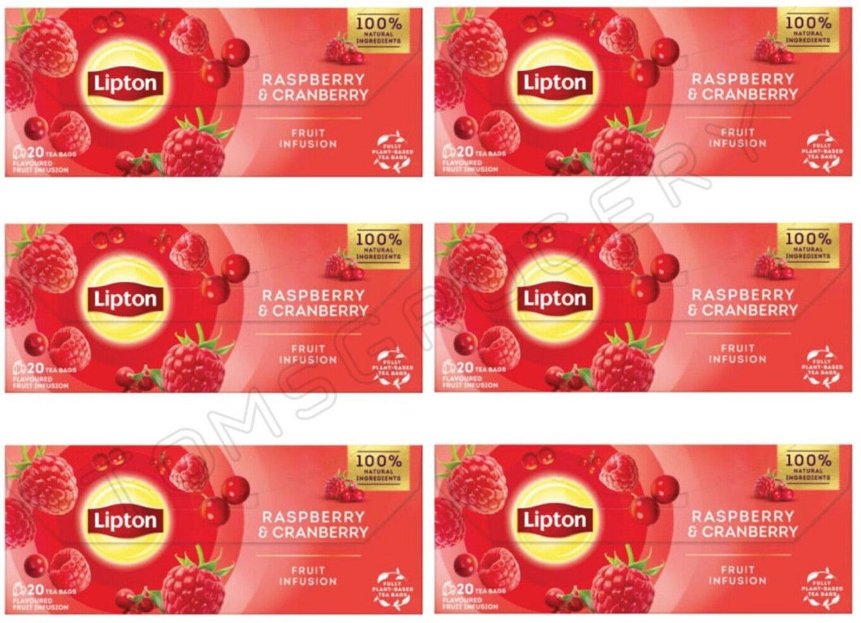 6 x LIPTON RASPBERRY & CRANBERRY Flavor Fruit Infusion Tea Boxes (120 servings)