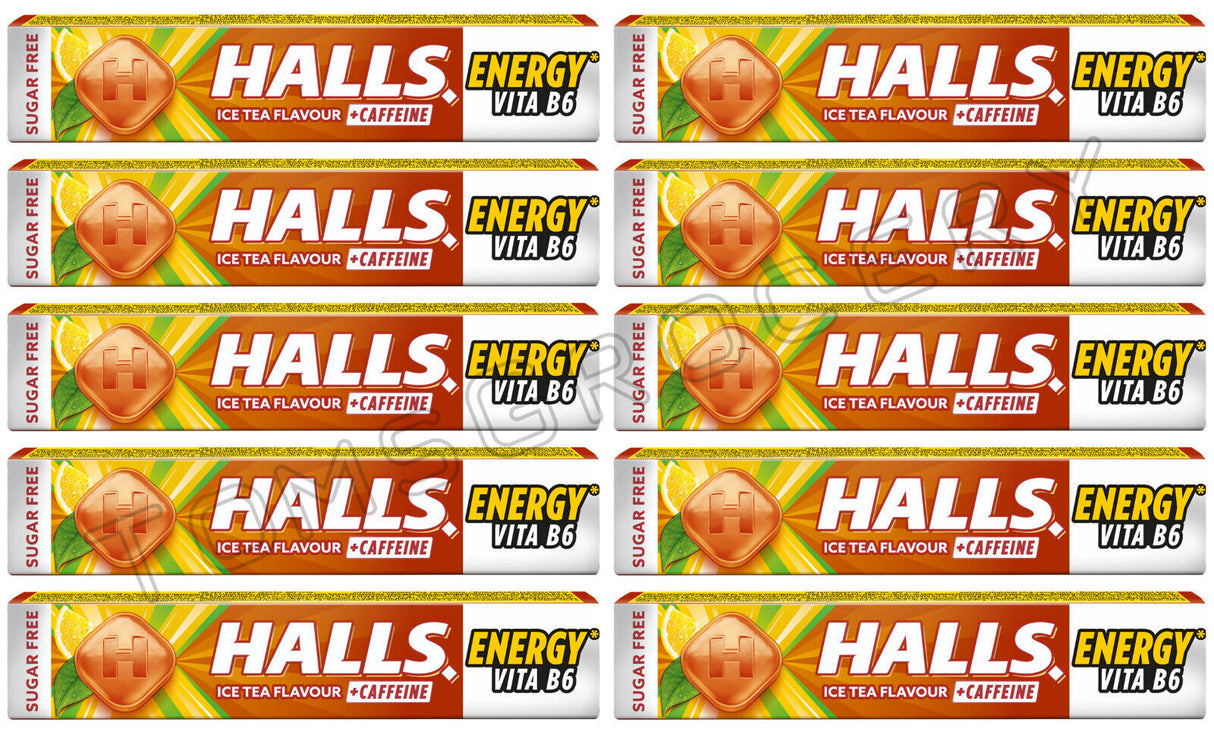 10 HALLS ENERGY CAFFEINE Ice Tea Flavor Pastilles Refreshing Candy 32g 1.1oz