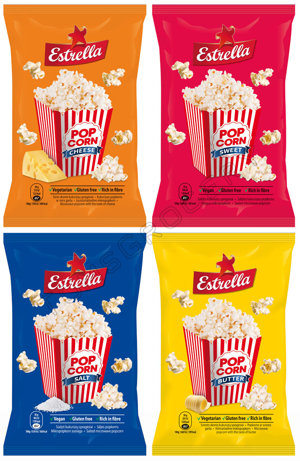 4 ESTRELLA POPCORN Flavor Mix Bundle Microwave Ready Bags 90g 3.18oz