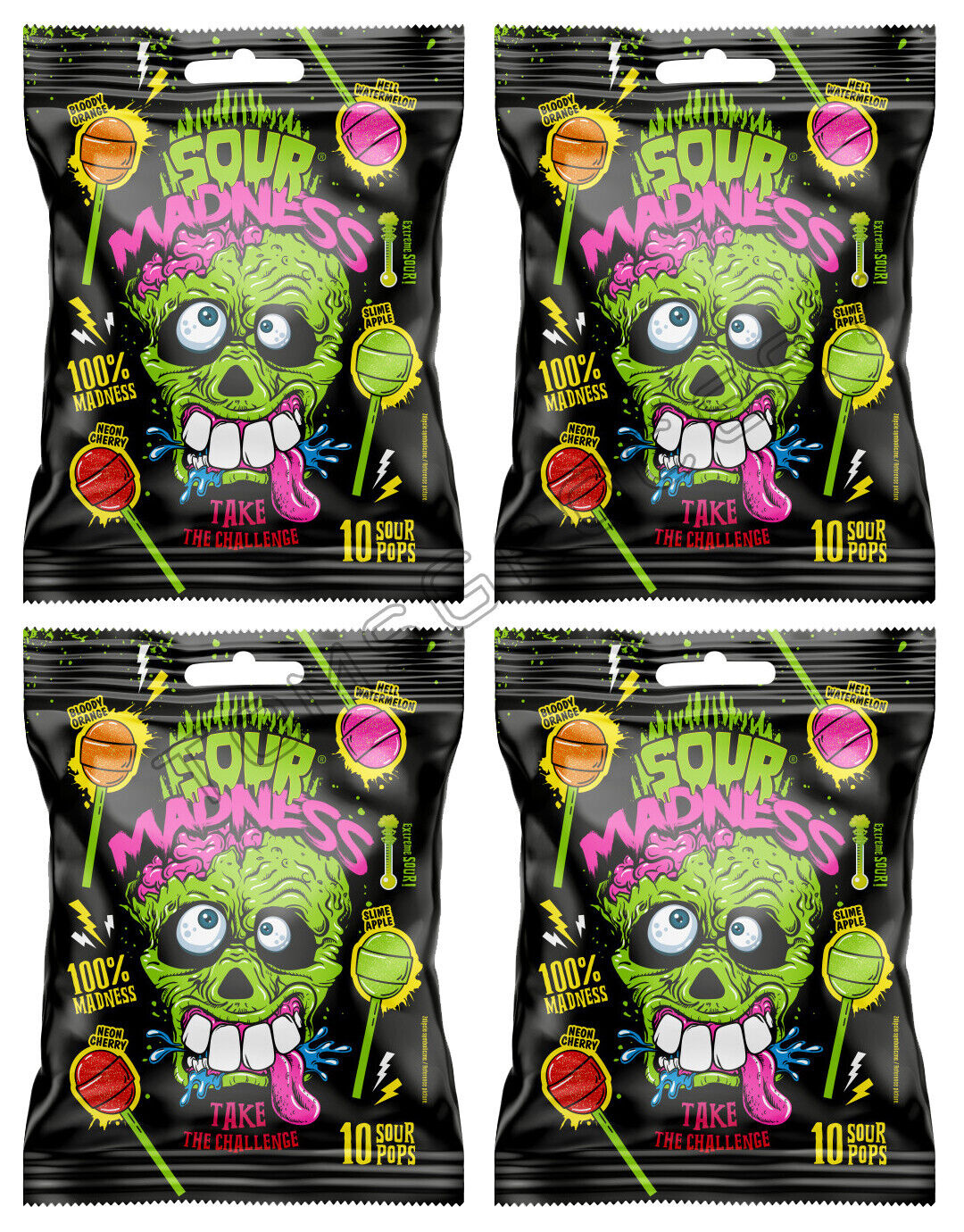 SOUR MADNESS Extreme Sour Lollipops Party Candy Sweets 4x 100g 3.5oz