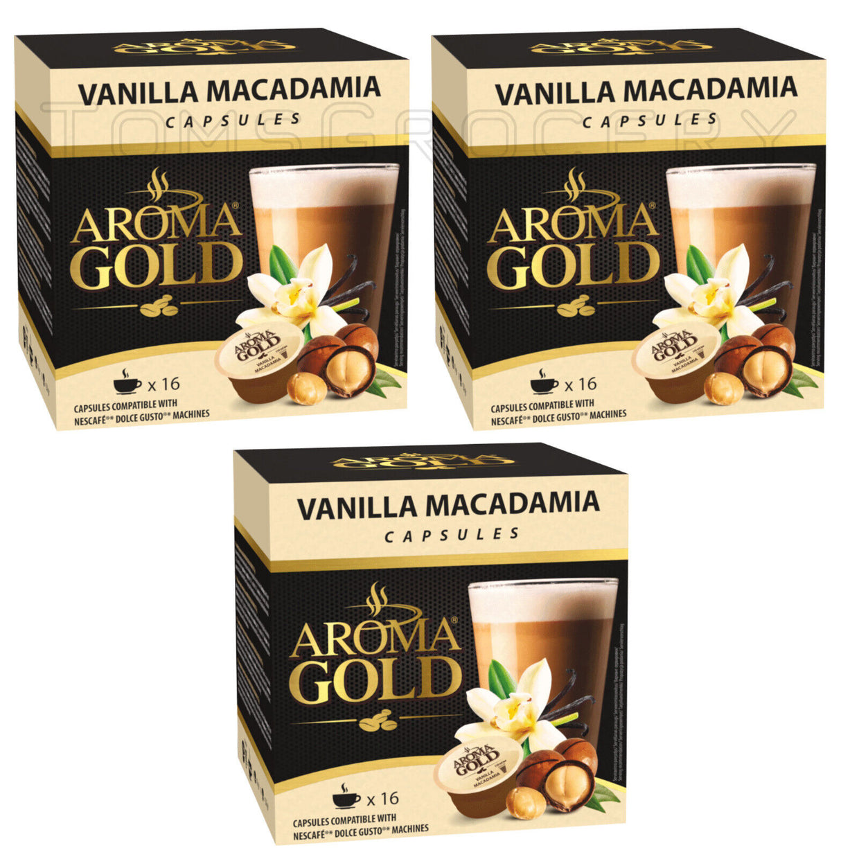 3 AROMA GOLD VANILLA MACADAMIA Flavor Coffee Dolce Gusto Machine Capsules Pods